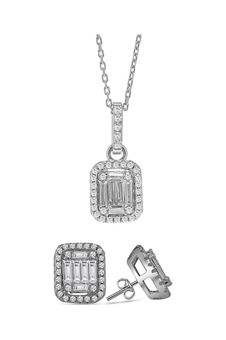 Monemel Kristal Taşlı Gümüş Baget Kolye Ve Küpe Set Altın Kaplama N0899set Gümüş - Rodyum