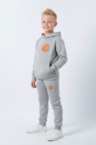 Fyk Kids 3 İplik Şardonlu Kışlık Nabız Basketbol Baskılı Kanguru Cepli Kapüşonlu Erkek Çocuk Eşofman Takımı Gri