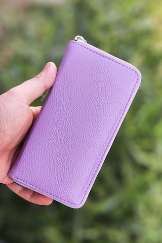 Telefon Bölmeli Lila Renk Kadın Cüzdanı Deri Portföy Kartlık Uzun Cüzdan Lila