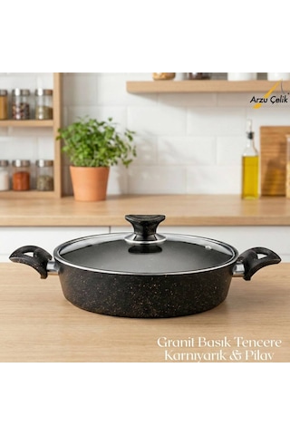 26 Cm Granit Karnıyarık & Pilav Tenceresi Cam Kapak - Siyah Siyah