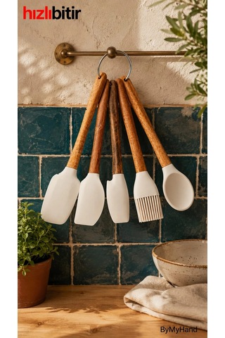 Bymyhand Doğal Ahşap Saplı Slikon Uçlu Slikon Mutfak Ve Pasta Yapım Hazırlık 5'li Set