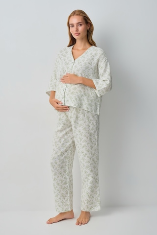 Suwen Cindy Pamuklu Hamile Lohusa Gömlek Yaka Pijama Takımı Wsh10510183338 Ekru Desenli