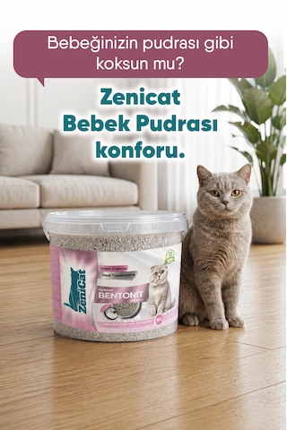 ZeniCat Premium Özel Solüsyonlu Bebek Pudralı Bentonit Kedi Kumu 4 Al 3 Öde – Düşük Toz