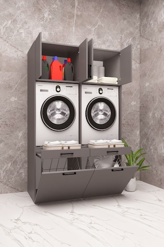 Mdf Çamaşır Makinesi Ve Kurutma Makinesi Dolabı Çift Sepetli Antrasit
