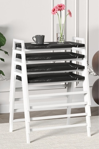 Zigon Sehpa , Aden 4'lü Tepsi Zigon Sehpa Takımı Beyaz Metal - Siyah Mermer Tabla Beyaz-siyah Mermer