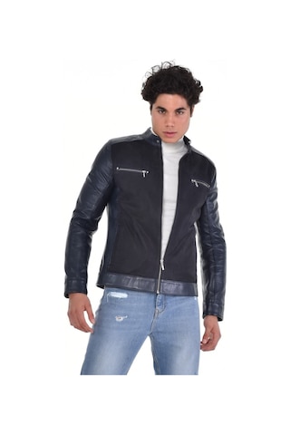 Hakiki Deri Siyah Erkek Deri Mont Önden Kumaş Detaylı Üst Ve Yandan Fermuarlı Deri Ceket Siyah