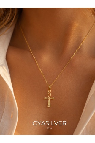 Oya Silver Minimal Sonsuz Yaşam 24k Altın Kaplama Gümüş Ankh Anahtarı Kolye 2.1x1 Cm Oyot392