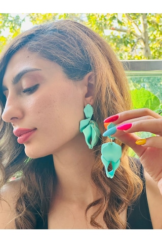 Yaprak Tasarım Kadın Küpe 7 Cm Turkuaz