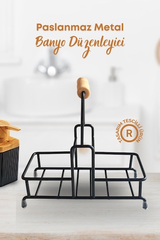 Grimorlife 2 Bölmeli Çok Amaçlı Ahşap Kulplu Metal Stand Banyo Düzenleyici Organizer Siyah
