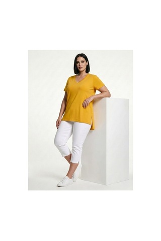 Hanezza Kadın Büyük Beden V Yaka Yanı Yırtmaçlı Pamuklu Viskon T- Shirt Serifikalı Kumaş Sarı/v1 - 30798238 Sarı/v1