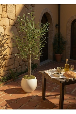 Yapay Zeytin Ağacı 130cm İki Gövdeli Beyaz Küre Saksıda Salex Doğal Gerçek Görünümlü Yapay Ağaç