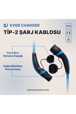 Ever Charger Tip 2 Elektrikli Araç Şarj Kablosu 22 kW – 15 M Mavi