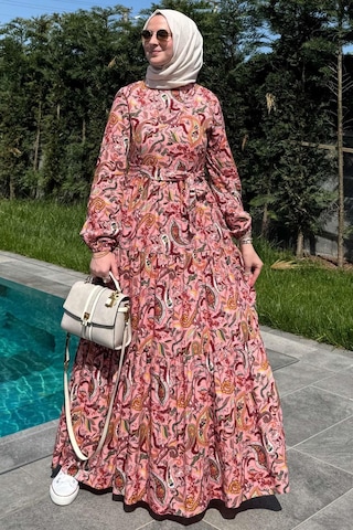 Rabia Şamlı Şal Desenli Elbise Somon Normal