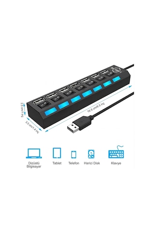 7 Port Usb Hub Çoğaltıcı - Işıklı Ve Açmakapama Anahtarlı Çoklu Usb 2.0 Adaptör Tak&çalıştır