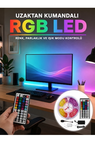 Uzaktan Kumandalı Rgb Şerit Led 5 Metre 12v 5050 Smd Çok Renkli Dekoratif Işık Seti - Lisinya
