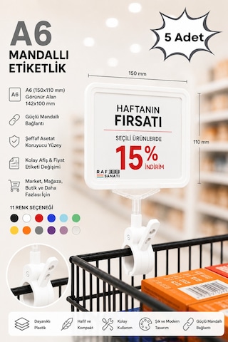 5 Adet - A6 Fiyatlık Mandallı Etiketlik Sepet Raf Askılık Fiyat Etiketi Çerçeveli Market Mağaza Beyaz