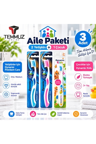 Dynamic Aile Paketi Diş Fırçası Seti 3 Adet 2 Yetişkin Medium + 1 Çocuk Extra Soft Karışık Renk