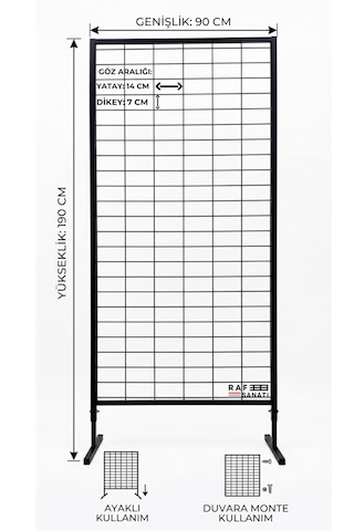 90x190 Cm Ayaklı Tel Pano Metal Stand Duvara Monte Grid Panel Mağaza Market Telefoncu Bijuteri Askılık Standı Siyah