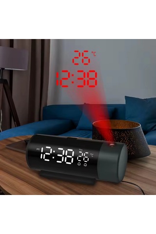Shopytech Projeksiyonlu Dijital Çalar Saat Çift Alarm Termometre 180 Döner Kırmızı Projeksiyon Otom Siyah