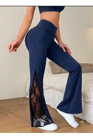 Veraura Lifestyle Kadın Yüksek Bel Yandan Dantel Detaylı Paçaya Doğru Geniş Dalgıç Tayt Pantolon Lacivert