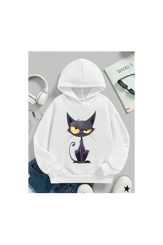 Stil X Sevimli Kediler Baskılı Kapüşonlu Çocuk Sweatshırt Beyaz-5