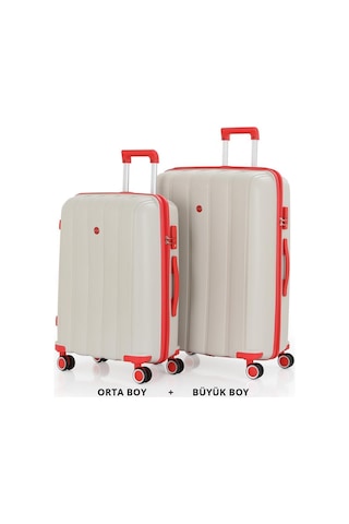 Mçs Bavul Büyük Ve Orta 2li Set Kırılmaz Silikon Valiz V305 Kemik/mercan Bej