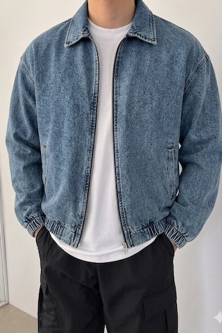 Tarz Cool Erkek Oversize Bomber Ceket Fermuarlı Basic Günlük Şık Mont Mavi
