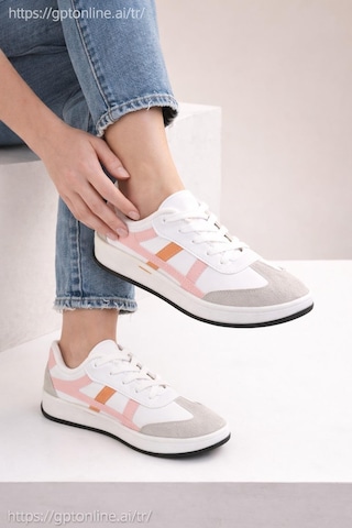 Unisex Günlük Spor Ayakkabı Bağcıklı Şerit Detaylı Sneaker Beyaz - Pudra