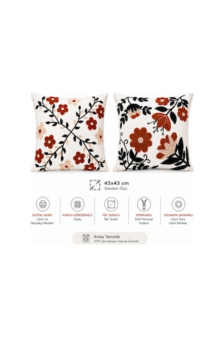 Dijital Baskılı Punch Nakış Görünümlü Çicek Desenli Dekoratif Kırlent Kılıfı 43x43 Cm Fermuarlı 4 Lü Set Bej Bej