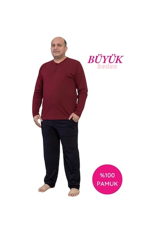 Guava Erkek Büyük Beden 3 Düğmeli %100 Pamuk Mevsimlik Uzun Kol Cepli Pijama Takımı Bordo