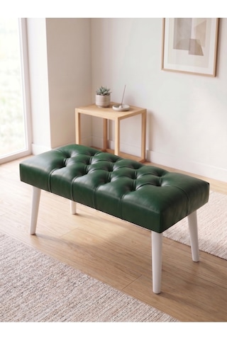 Modern Kapitoneli Yeşil Deri Kumaş Bench Puf Oturma Bankı Ahşap Beyaz Ayaklı Demonte 90x45