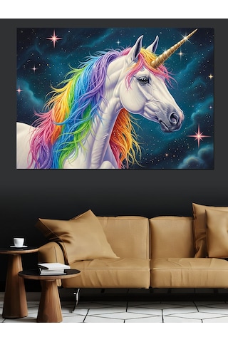 Uzayda Renkli Tekboynuzlu Unicorn At Dekoratif Kanvas - Mdf Ahşap Tablo