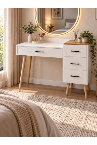 Dorm Çekmeceli Ahşap Ayaklı Makyaj Masası - Beyaz- Atlantik Çam - 120x90 Cm Beyaz - Çam