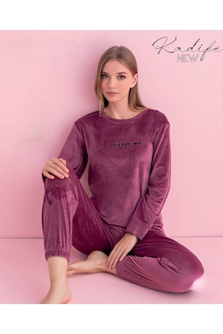 Pijamerry Kadın Kışlık Bisiklet Yaka Kadife Pijama Takımı 3030g - 1 Adet Gül Kurusu
