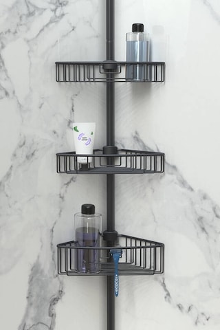 Primanova Yay Baskılı Kurulumu Kolay Üç Gözlü Alüminyum Yaylı Banyo Köşe Rafı Siyah-m-n29-06-3 Siyah