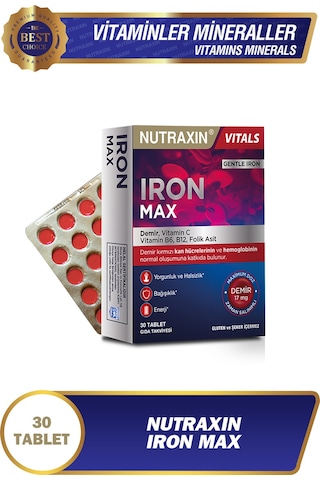 Nutraxin Iron Max 17 Mg 30 Tablet - Gentle Iron, Vitamin C, B12, B6, Folik Asit