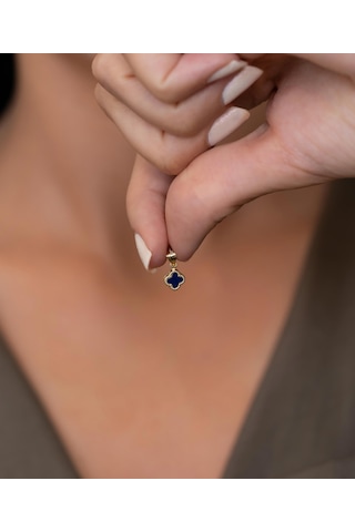 Bayar Gold 14 Ayar Altın Lacivert Renkli Yonca Kolye Ucu Sarı Altın