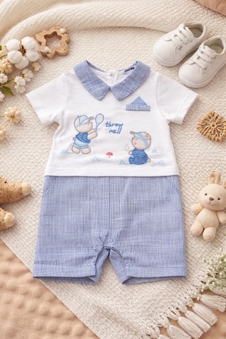 Uğur Bebe %100 Pamuk Erkek Bebek Tulum Yakalı Kısa Kollu Alttan Çıtçıtlı Yazlık Tek Parça Bebek Tulum Mavi Mavi