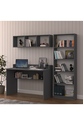 Asra Trend Çalışma Masası Seti ÇMT001 %100 MDF Kitaplıklı Raflı Ofis Takımı Antrasit