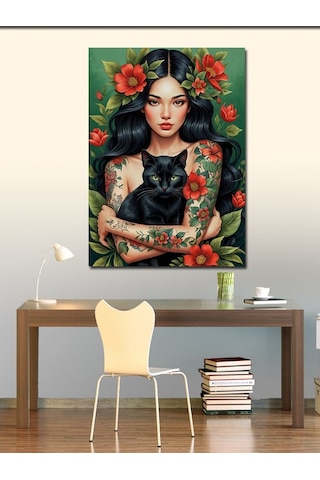Kanvas Tablo Kara Kedi Ve Kadın 100cmx140cm