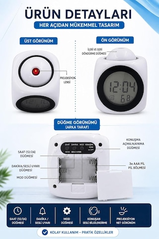 Tr Duvara Yansıtan Projeksiyonlu Dijital Çalar Saat Konuşan Termometreli Led Alarm Masa Saati Genel
