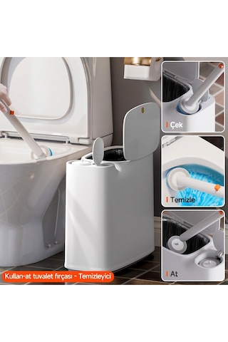 Kartuşlu Tuvalet Fırçası Ve Çöp Kovası Seti 2'si 1 Arada Dokunmatik Kapaklı Hijyenik Wc Banyo Temi Beyaz