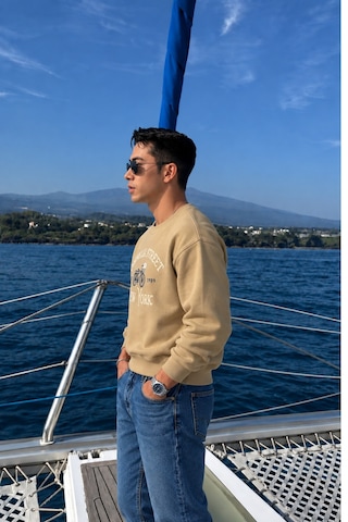 Tarz Cool Erkek Organik Pamuklu Yumuşacık Baskı Detaylı Bisiklet Yaka İçi Polarlı Sweatshirt Kahverengi