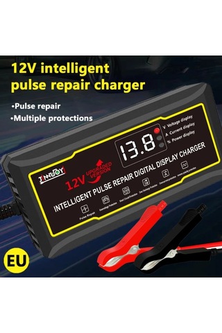 Xuweiwei Jınnuoyı 12v Akü Şarj Cihazı Siyah Eu Fişi Geliştirilmiş Büyük Dijital Ekran Darbe Onarım Bakım Çoklu Koruma Araba Motosiklet Karavan