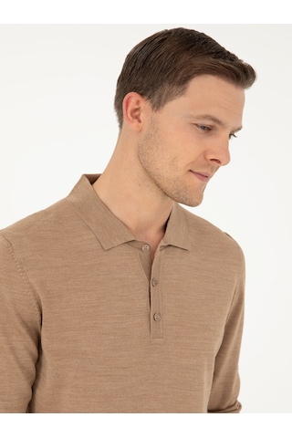 Cacharel Camel Slim Fit Yün Karışımlı Polo Yaka Basic Triko Kazak Kahverengi