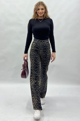 Seeh Siyah Leopar Palazzo Kadın Jean Pantolon Sh352 Desenli