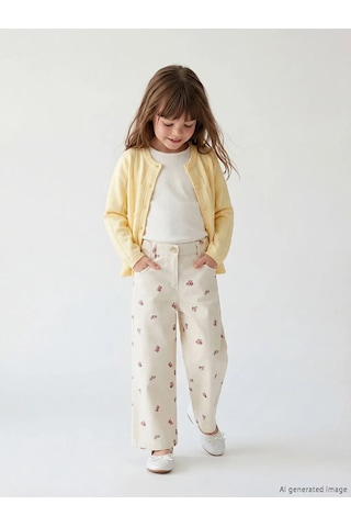Lc Waikiki Ekru Çiçek Desenli Kız Çocuk Gabardin Pantolon