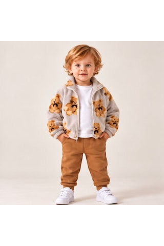 Maxx Kelın Erkek Bebek Ayıcık Desenli Peluş Mont Ve Taba Pantolon 2'li Takım Gri 9-12-18 Ay