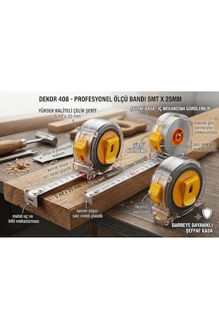 408 Profesyonel Şeffaf Kasa Darbeye Dayanıklı Şerit Metre Çelik Ölçü Bandı 5 Mt X 25 Mm 5 M