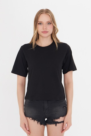 Kadın Siyah Yuvarlak Yaka Regular Fit Normal Kesim T-shirt Tişört SIYAH